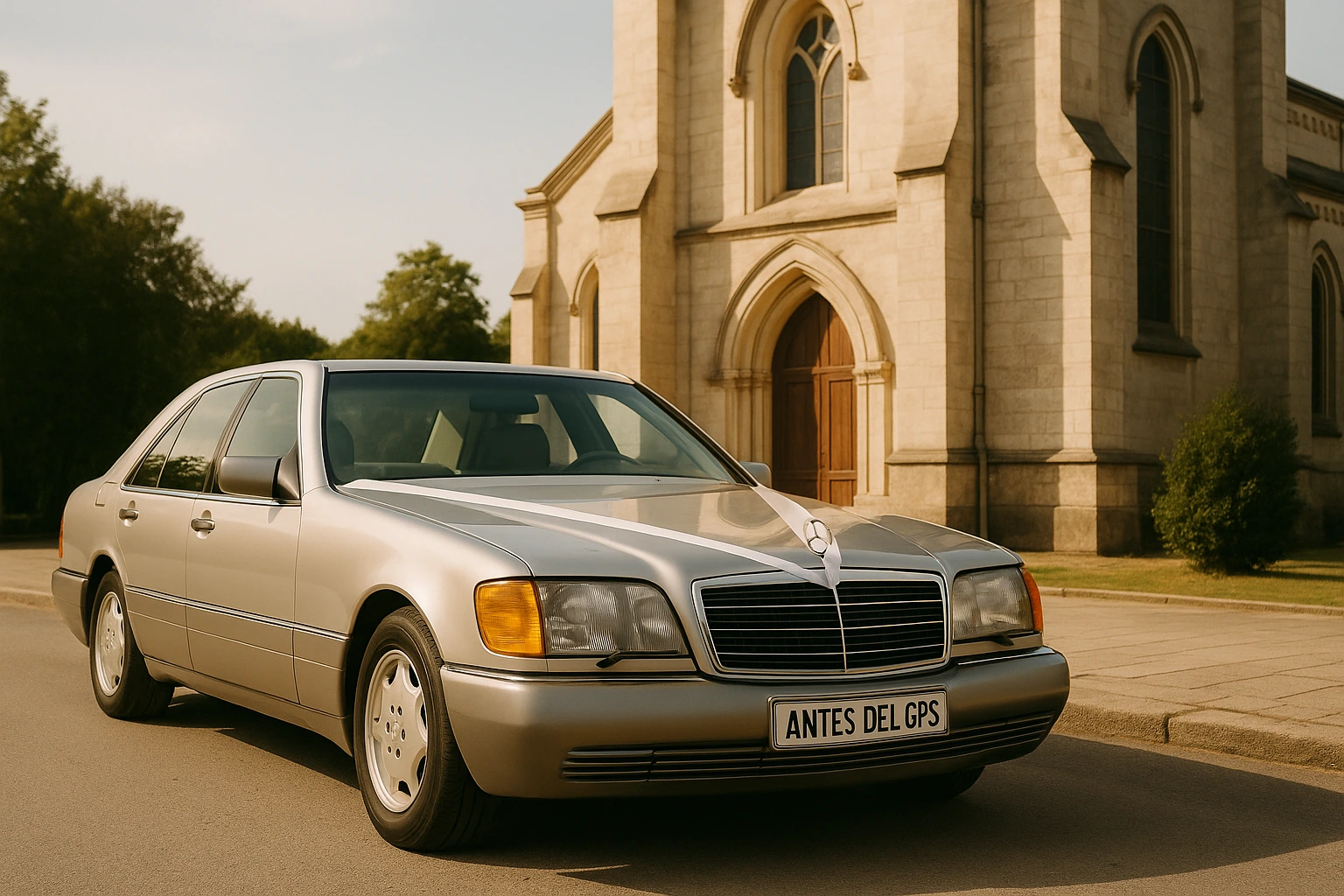 Mercedes-Benz 300 SE 1992 decorado con cinta blanca frente a iglesia en Linares, parte del servicio Plan Novias de Antes del GPS.